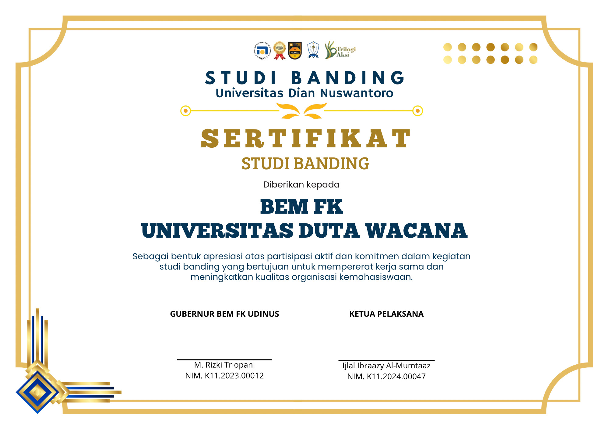 Sertifikat untuk Universitas Duta Wacana